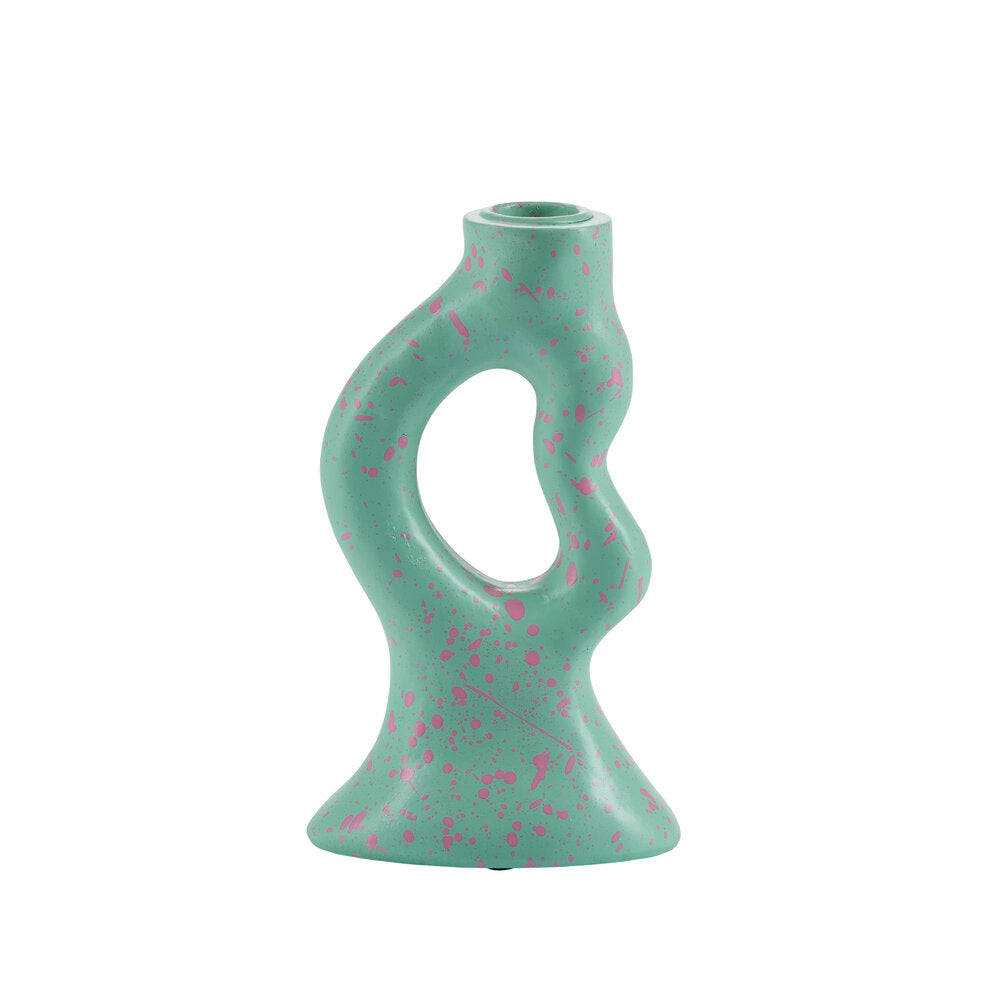 Plettet lysestage, mint/lilla - H17 cm.